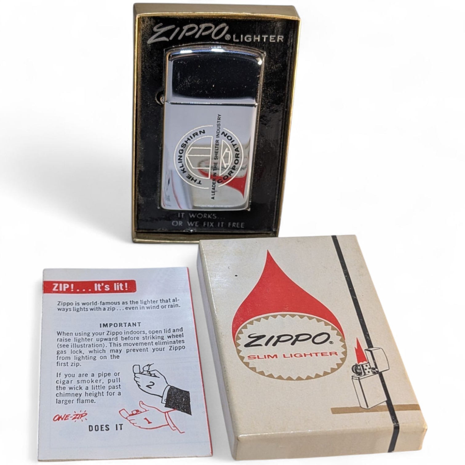 Zippo Slim Vintage 1972 Lighter NEW IN BOX The Klingshirn Corporation Shelter\'s