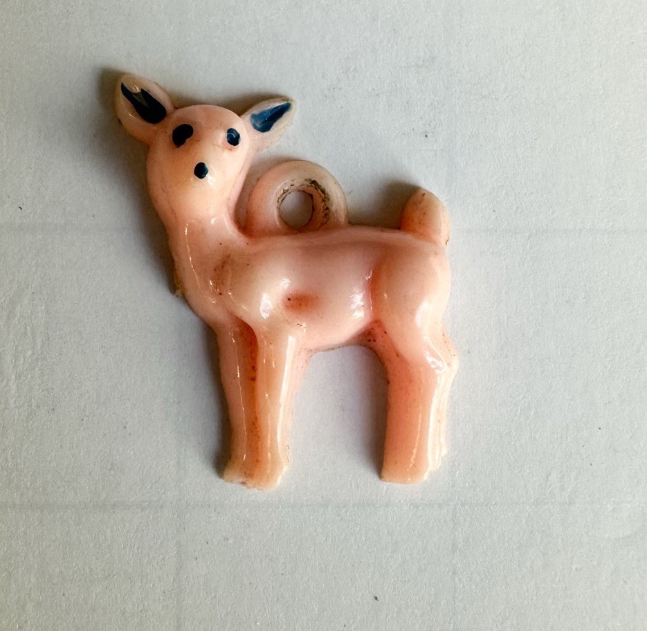 Vintage 30s 40s Cracker Jack Charm Pink Fawn Deer Celluloid Plastic Charm Antiq