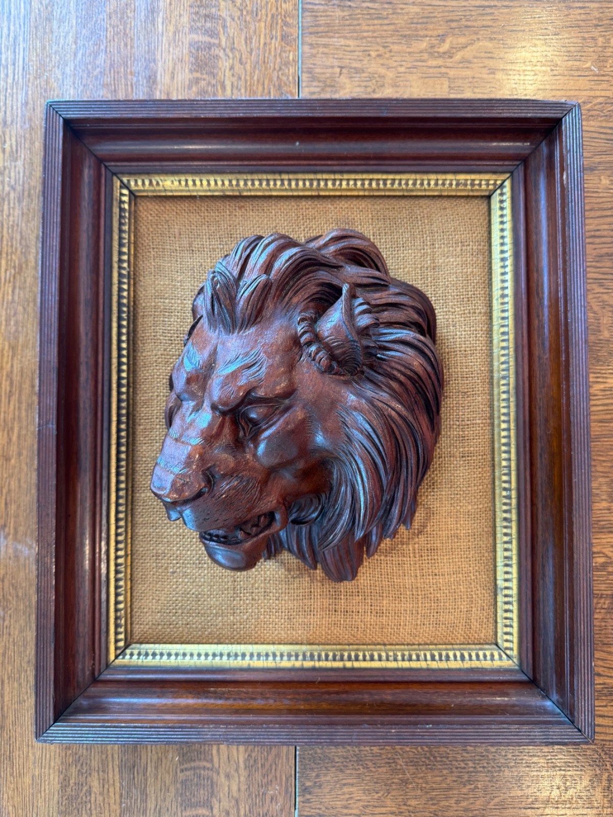 Vtg Carved Wood Lion Head in Frame MCM 1960s 1970s