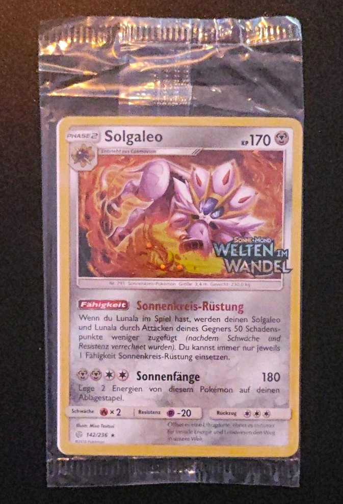 Pokemon TCG Solgaleo 142/236 Promo Holo Worlds in Transition DE Stamp Sealed