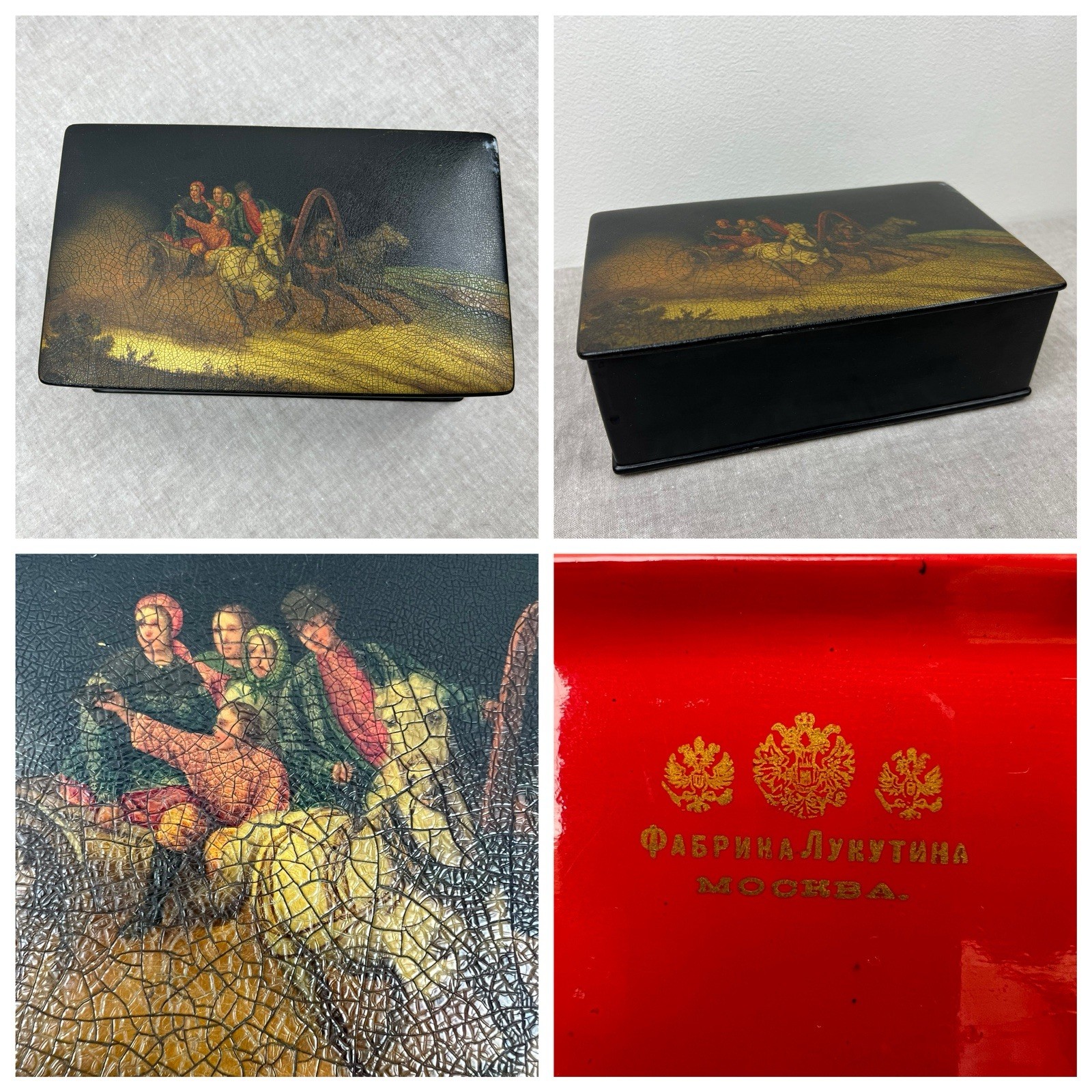 Antique 1896-1902 Lukutin Factory Lacquer Troika Russian Trinket Box Tea NOTES