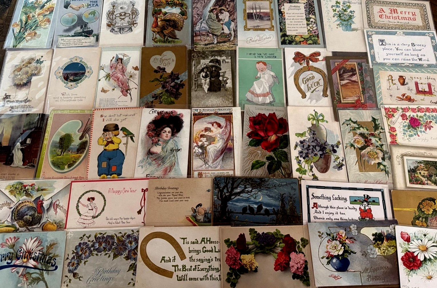 ~Lot of 43 Antique 1900\'s~Mixed Topics Greetings Postcards~All with stamps-s750