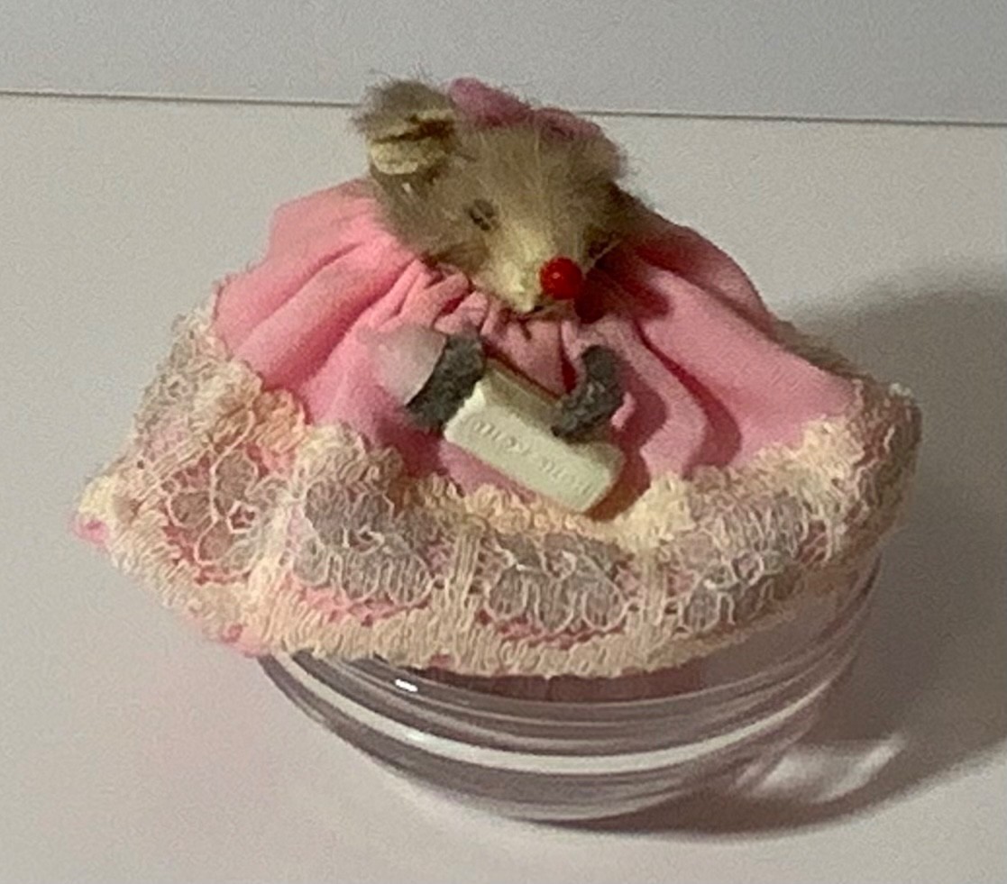 Vintage Real Fur Toys Germany Mouse Mother Holding Baby Bottle Pink Dress w/ Tag