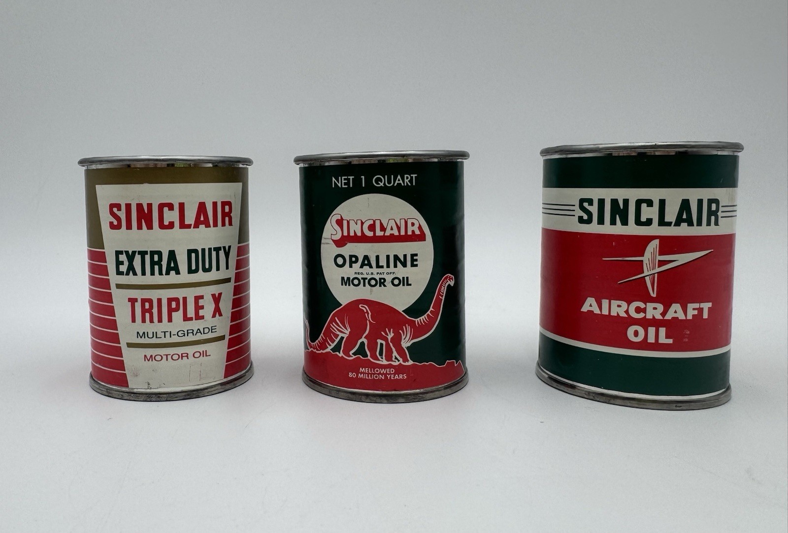 Lot of 3 Sinclair Oil Can Banks, Extra Duty Triple X, Aircraft Oil, Opaline. EXC