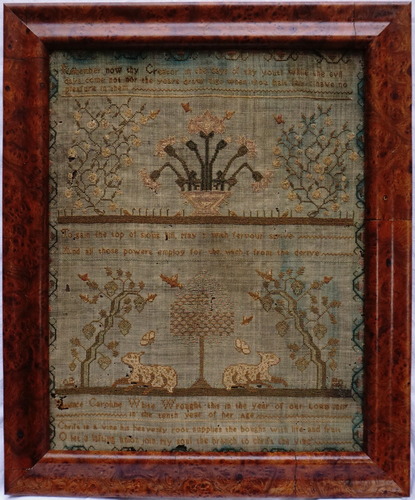EARLY 19TH CENTURY LAMBS, MOTIF & VERSE SAMPLER BY PATIENCE CAROLINE WHITE  1817