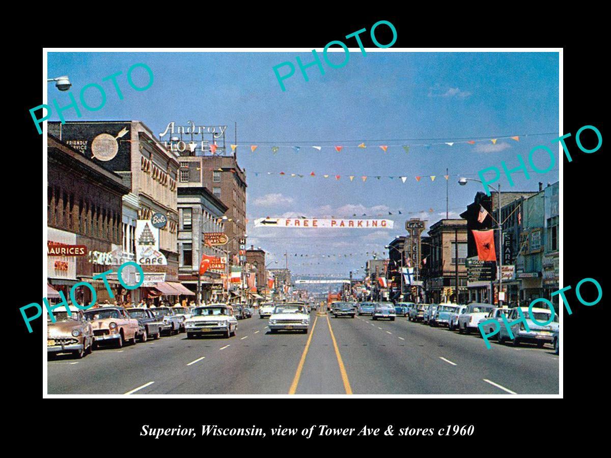 OLD LARGE HISTORIC PHOTO OF SUPERIOR WISCONSIN VIEW OF TOWER Ave & STORES c1960