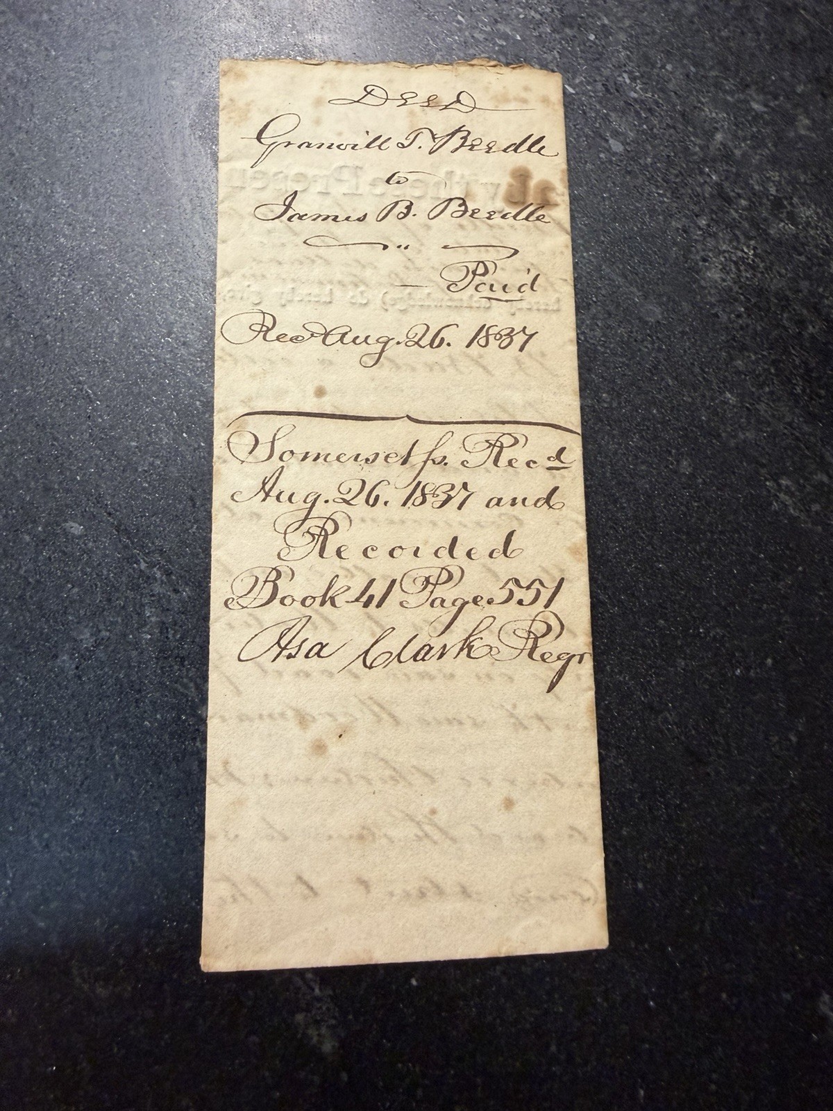 1837 Somerset County MA Deed Land Document Granville Beedle Antique Manuscript