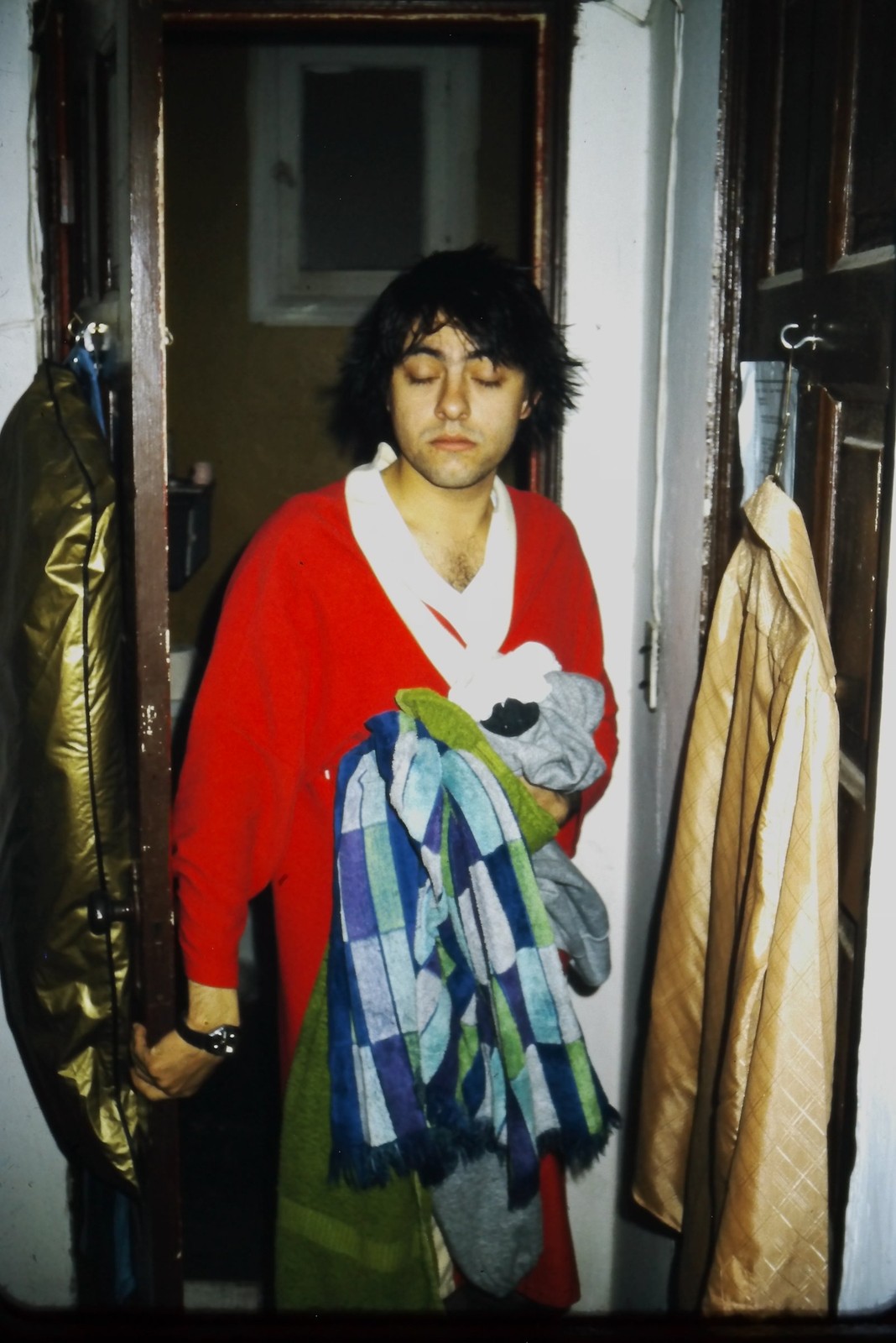 c1980's 35mm Slide Film Man Holding Laundry Gold Garment Bag Doorway Window