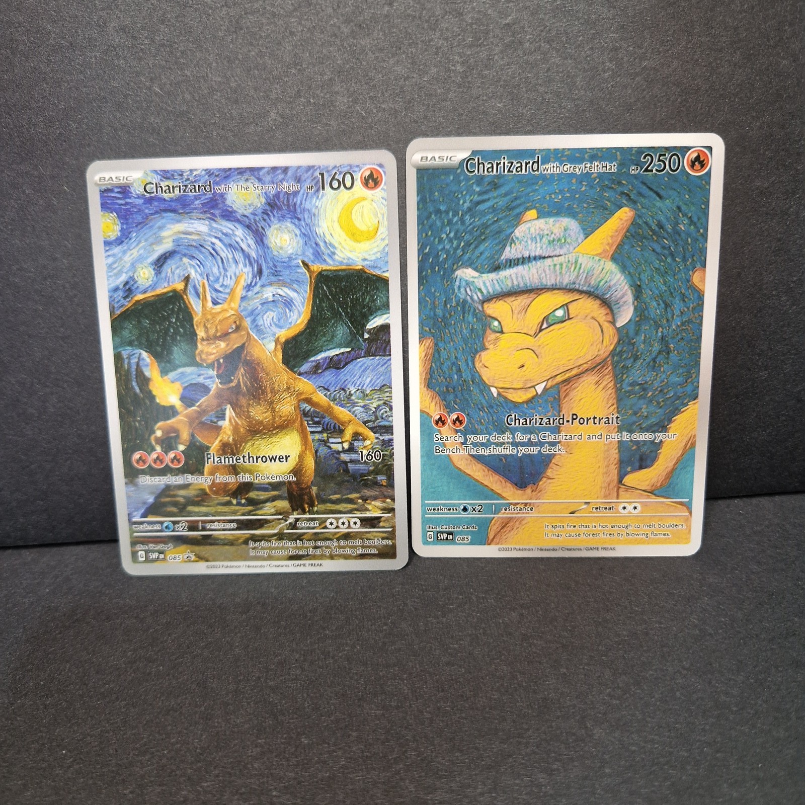 Custom Pokemon Charizard Starry Night Grey Felt Hat Van Gogh Style 2 Card Set