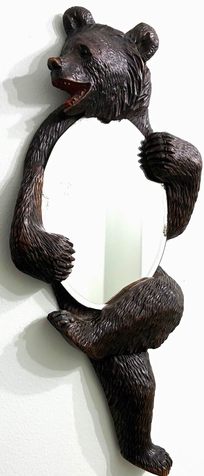 Antique Black Forest Bear hugging mirror Wall plaque 12.5”