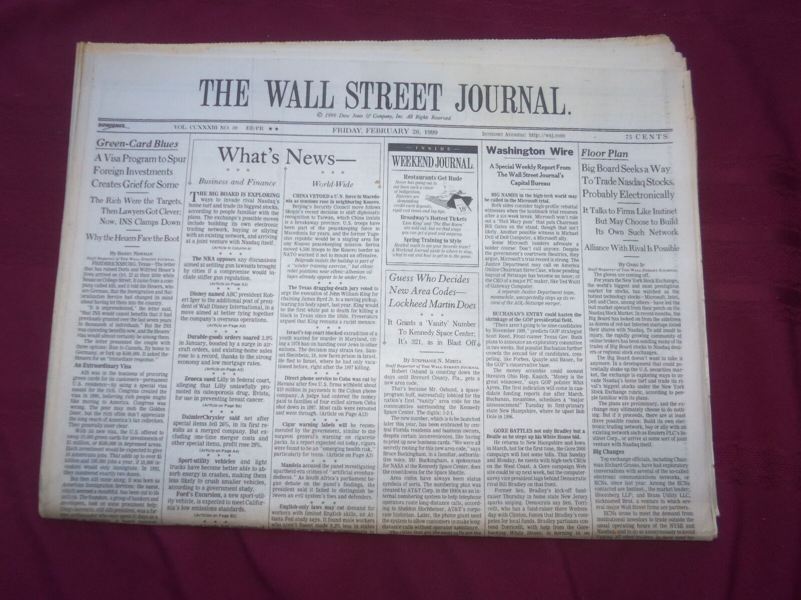 1999 FEB 26 THE WALL STREET JOURNAL - BIG BOARD TO TRADE NASDAQ STOCKS - WJ 26