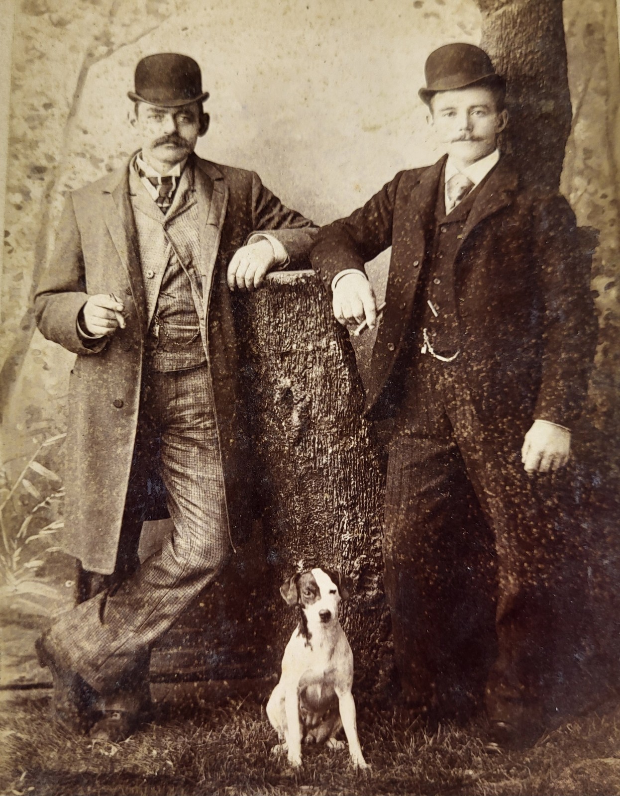 Antique Cabinet Photo Two Men in Bowler Hats with Terrier Dog ca 1880s