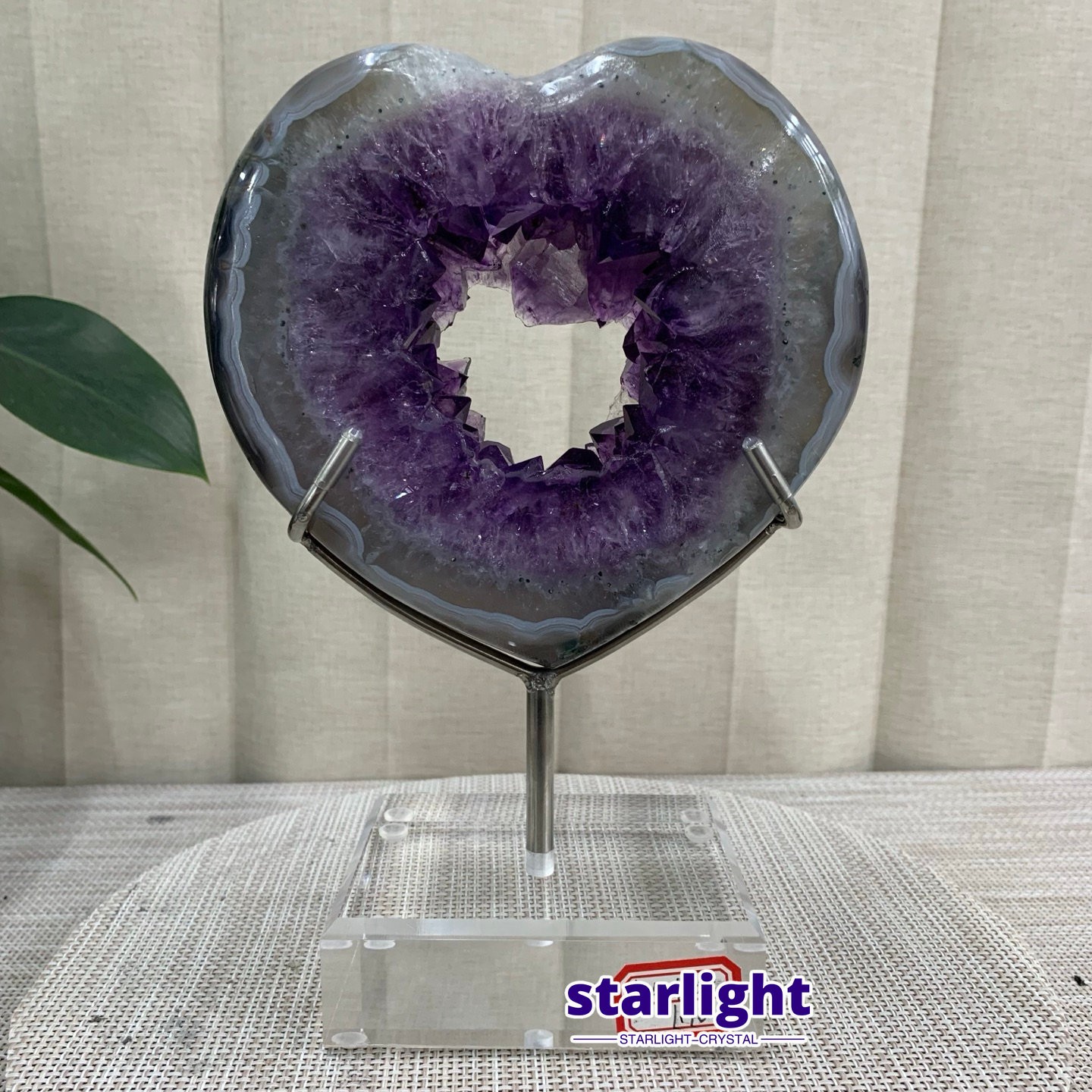 3.7LB Purple Amethyst Agate Heart Carving Natural Crystal Ornament Home Gif+base