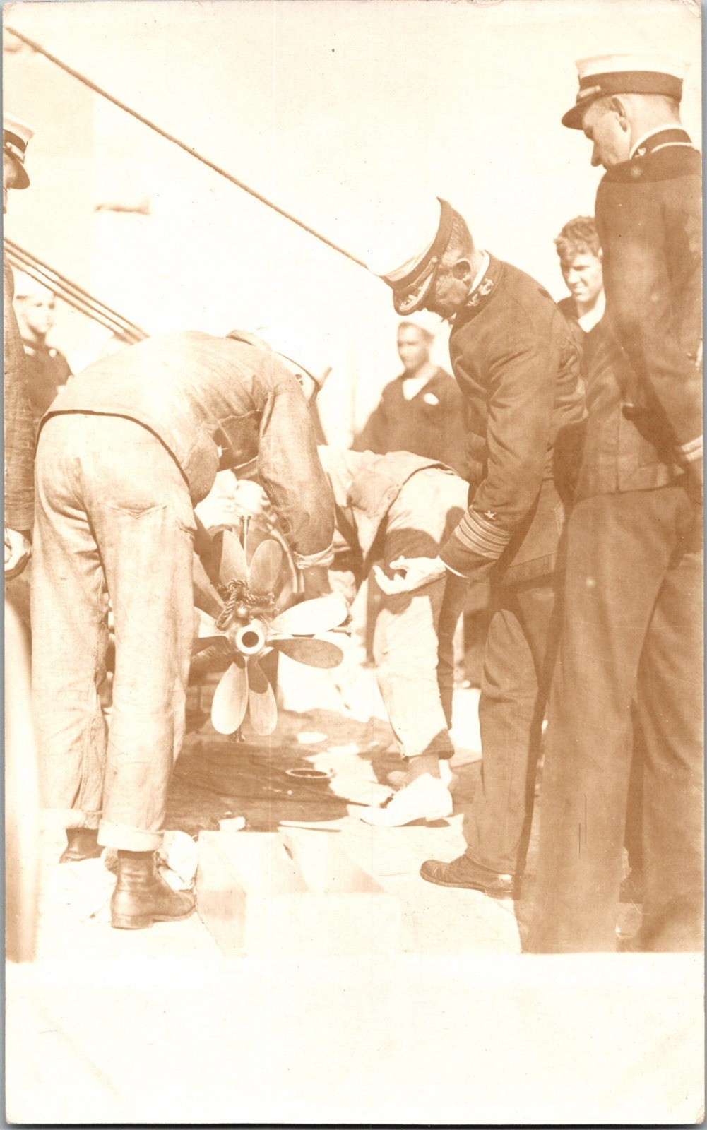 RPPC Real Photo US Navy Officers Checking Torpedo Propeller WWI Military KJ8