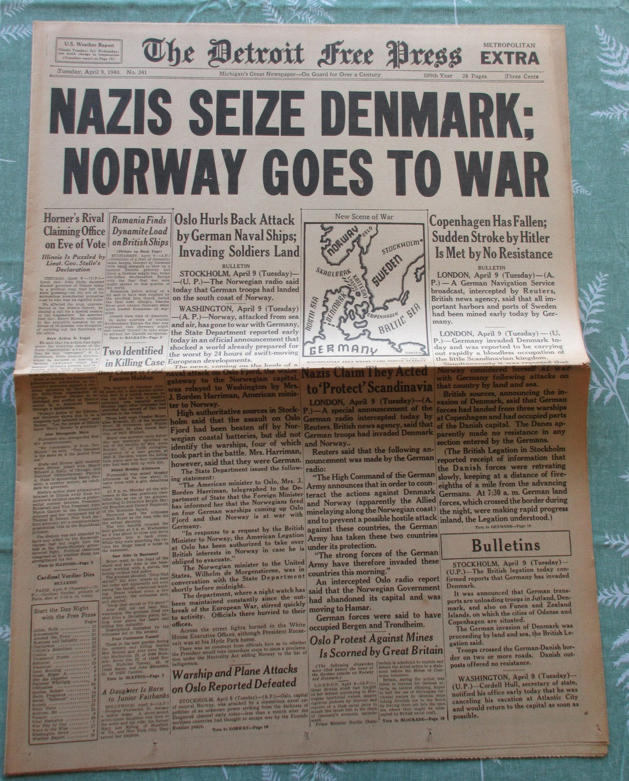 NAZIS SEIZE DENMARK; NORWAY GOES TO WAR * Detroit Free Press * 9 April 1940