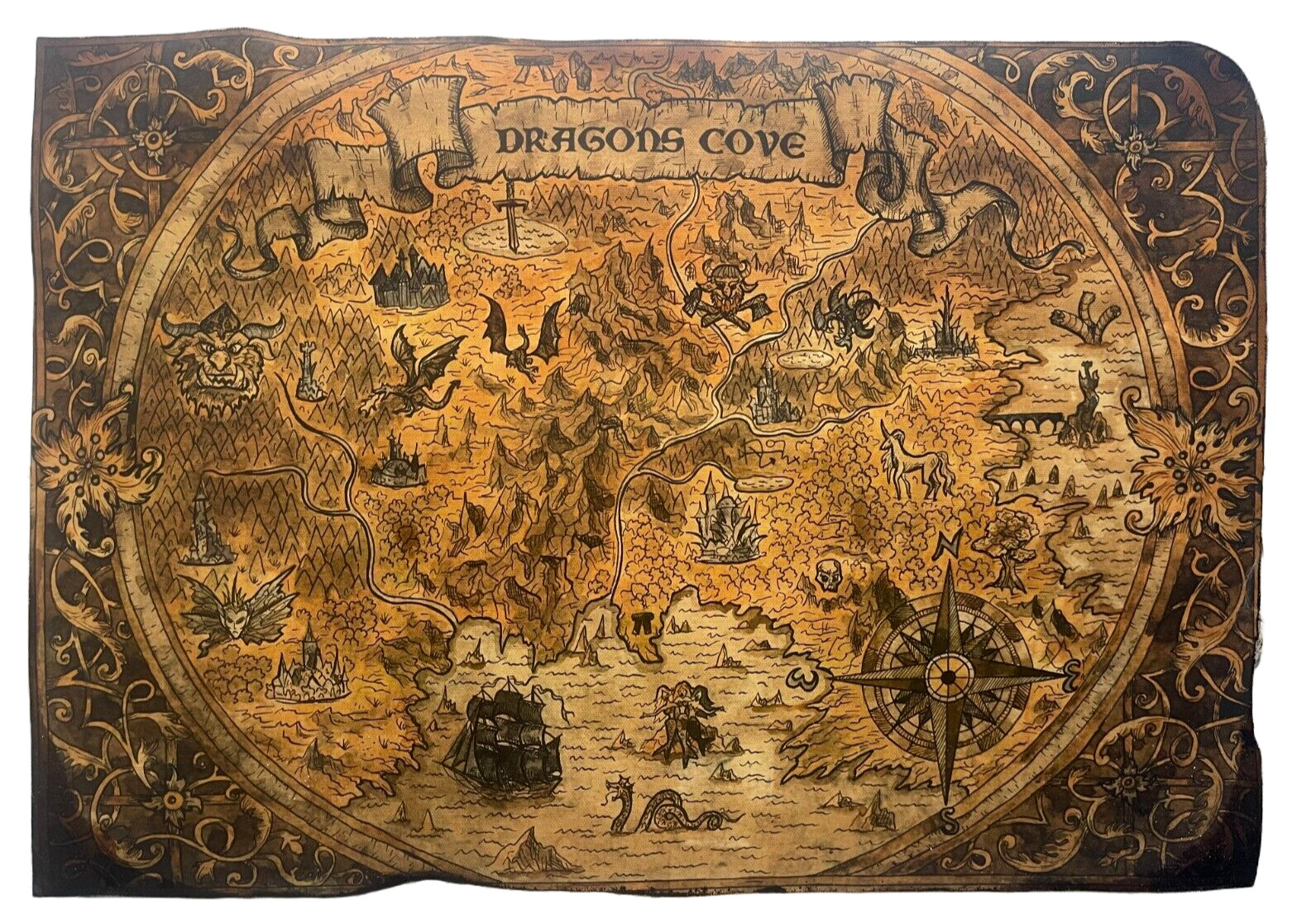 Treasure Map Poster Medieval Dragons Decorations Art Pirate Maps Print Canvas