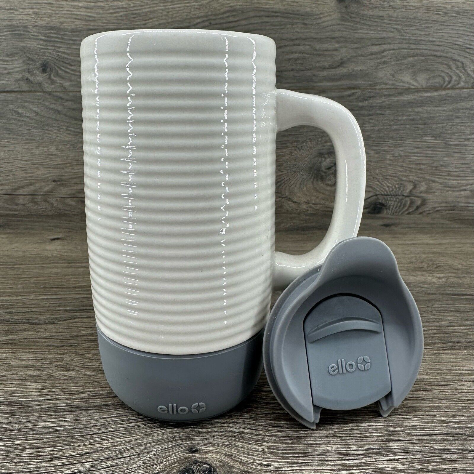 Ello Ceramic Travel Mug with Handle & Lid White Gray Microwavable 18 oz