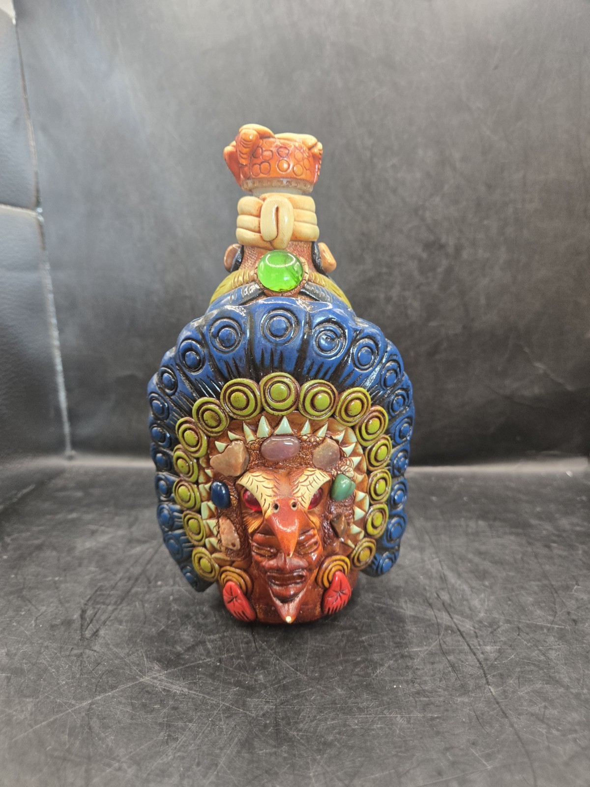 VTG MEXICAN AZTEC MAYAN FOLK ART FIGURAL BOTTLE w STOPPER WARRIOR MEDICINE MAN