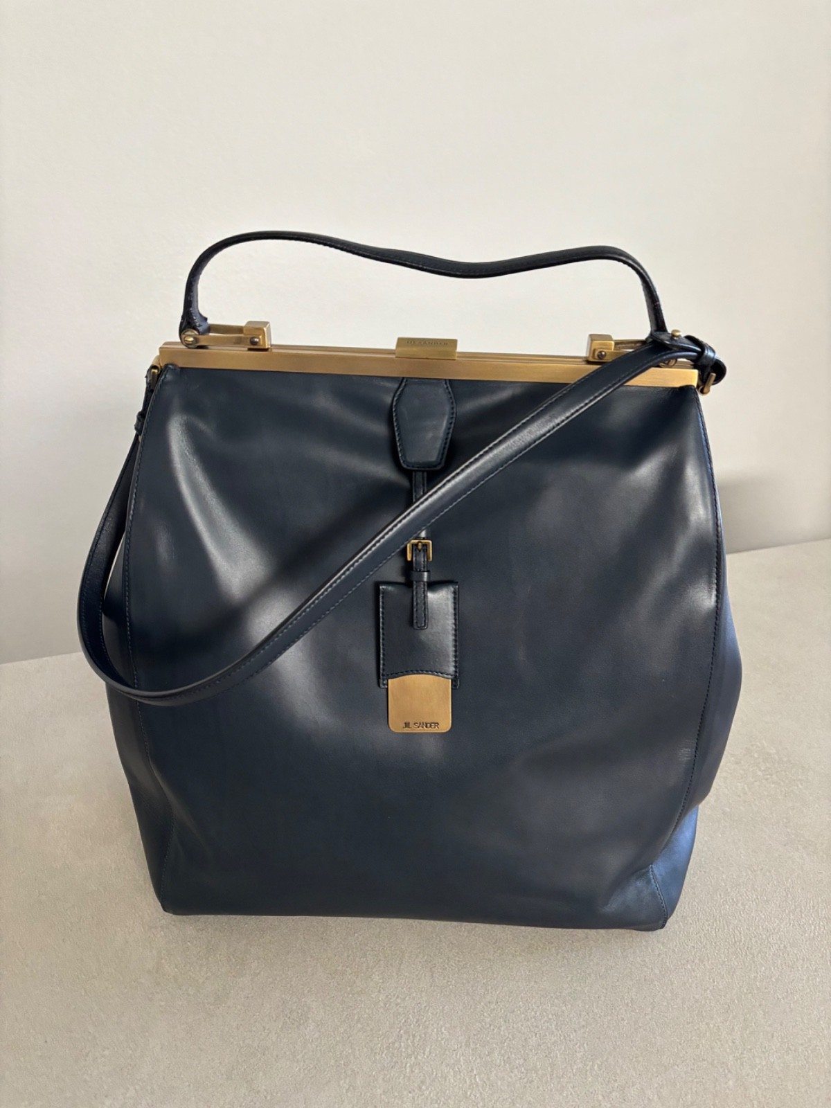 Authentic JIL SANDER Glove Leather Women Tote Bage, Navy Color, Large