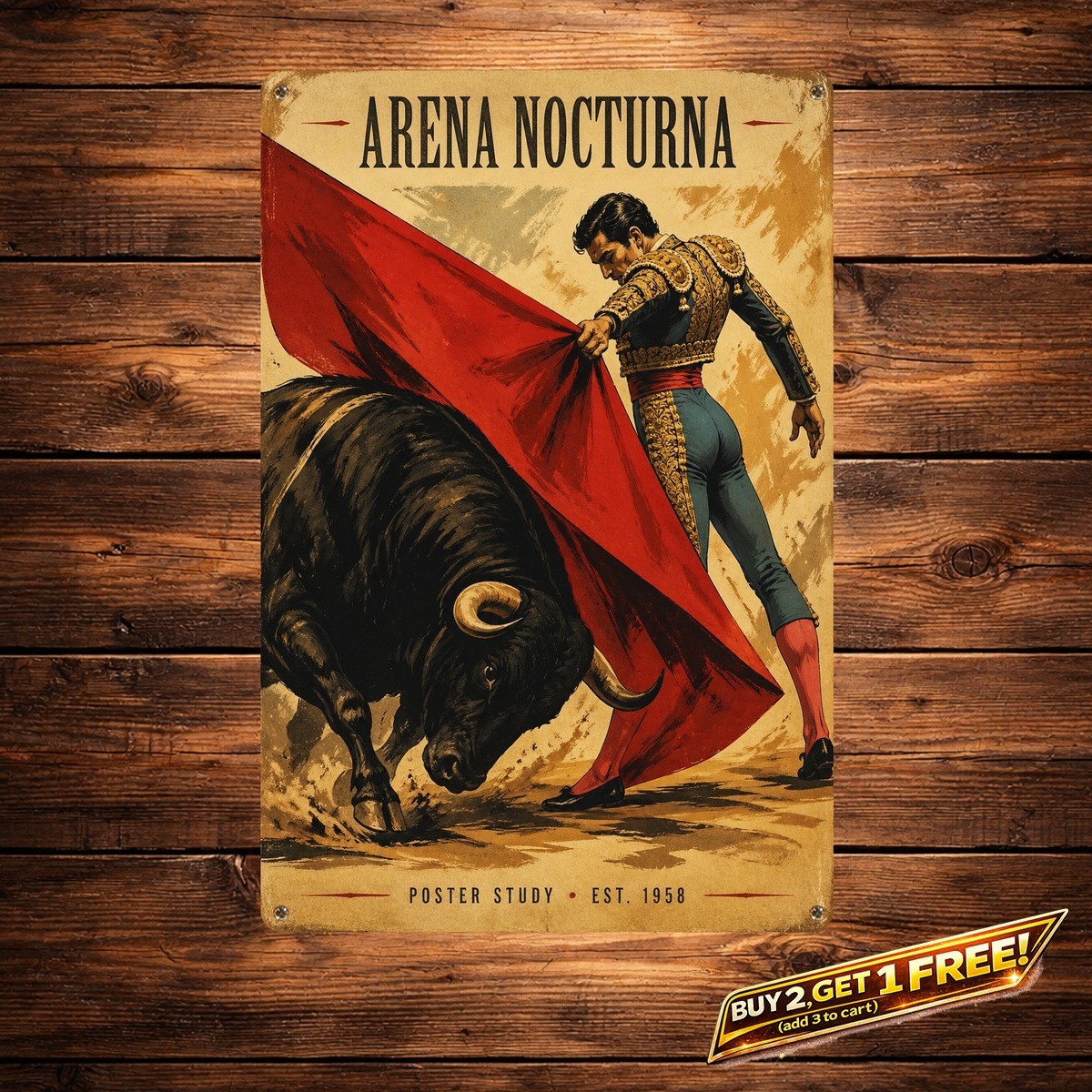 Mexican Bullfight Cowboy Tin Sign Vintage Spanish Metal Wall Art Plaque