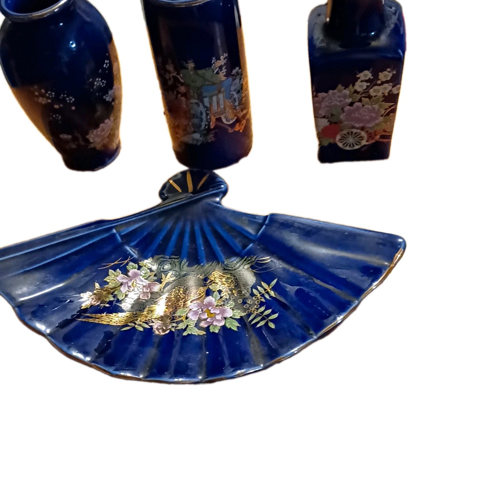 Vintage Japanese Cobalt Blue Miniature Vase Set Fan Floral Gold Trim Kutani 4pc