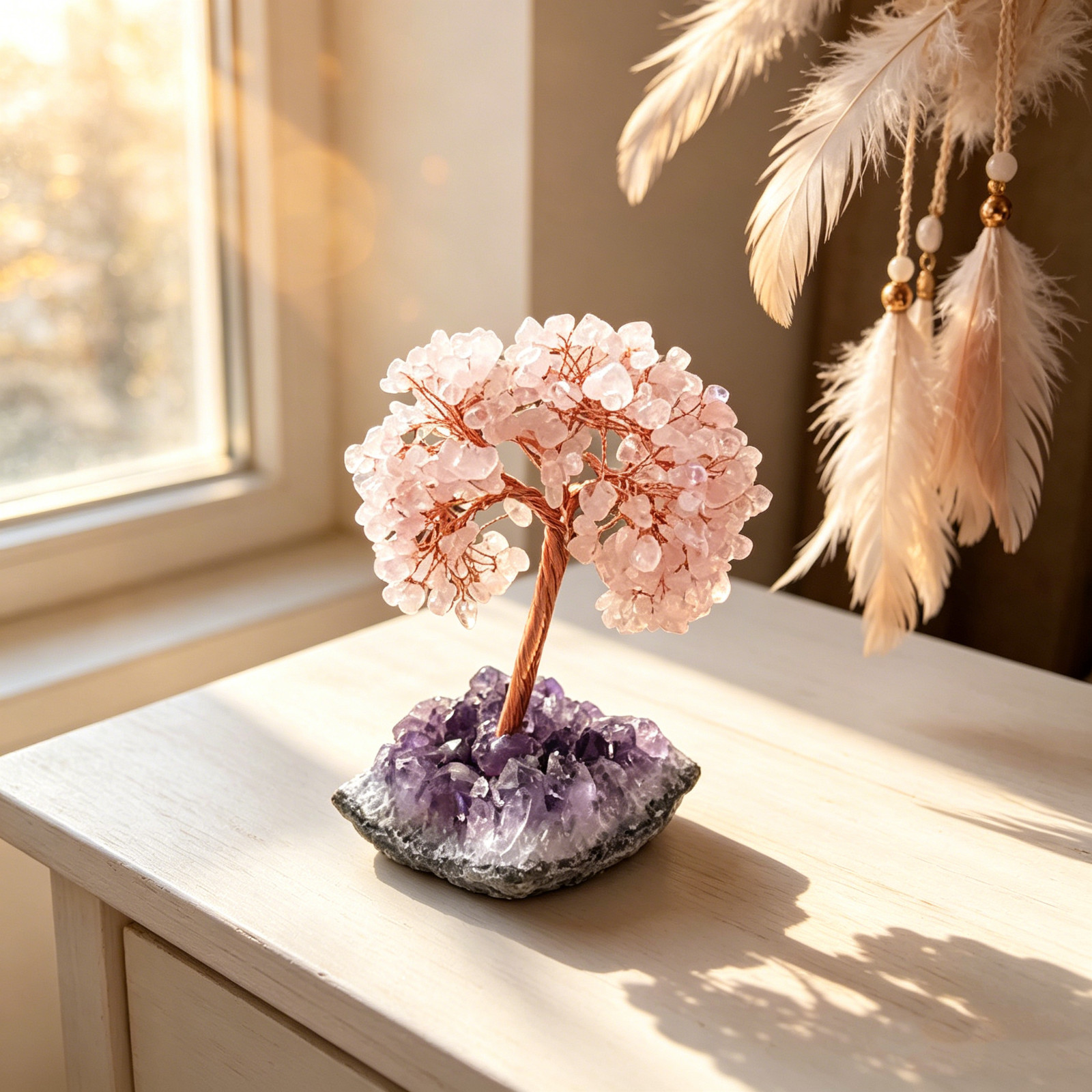 Rose Quartz Crystal Tree on Amethyst Geode Base Love & Calm Decor