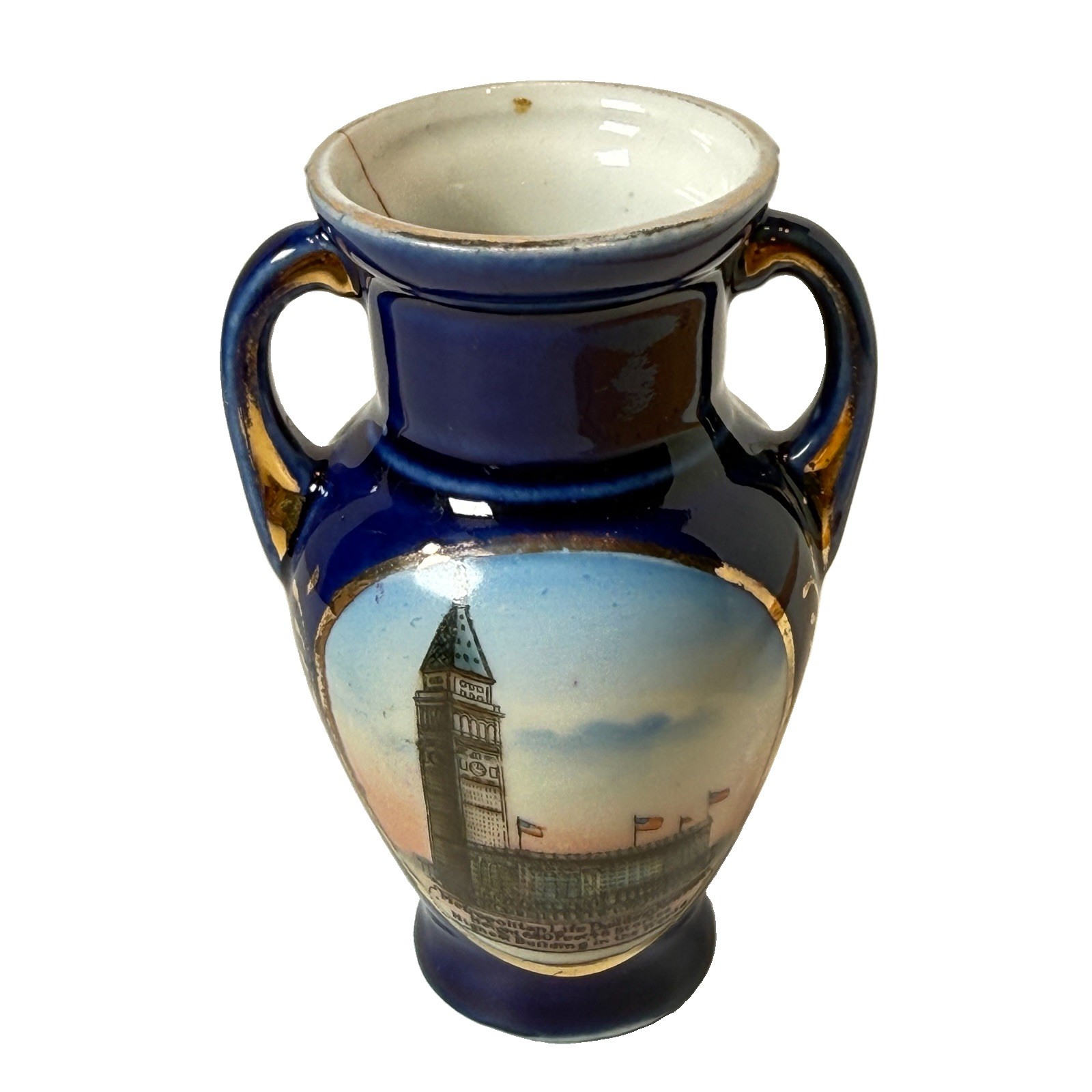 NY NEW YORK Antique METROPOLITAN LIFE BUILDING Souvenir COBALT TRINKET VASE