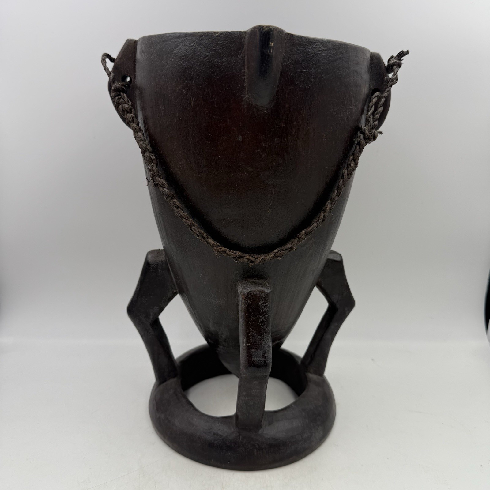 Vintage Zambian Lozi Hand Carved Wooden Milk Jug with Hand Braided Rope Handle