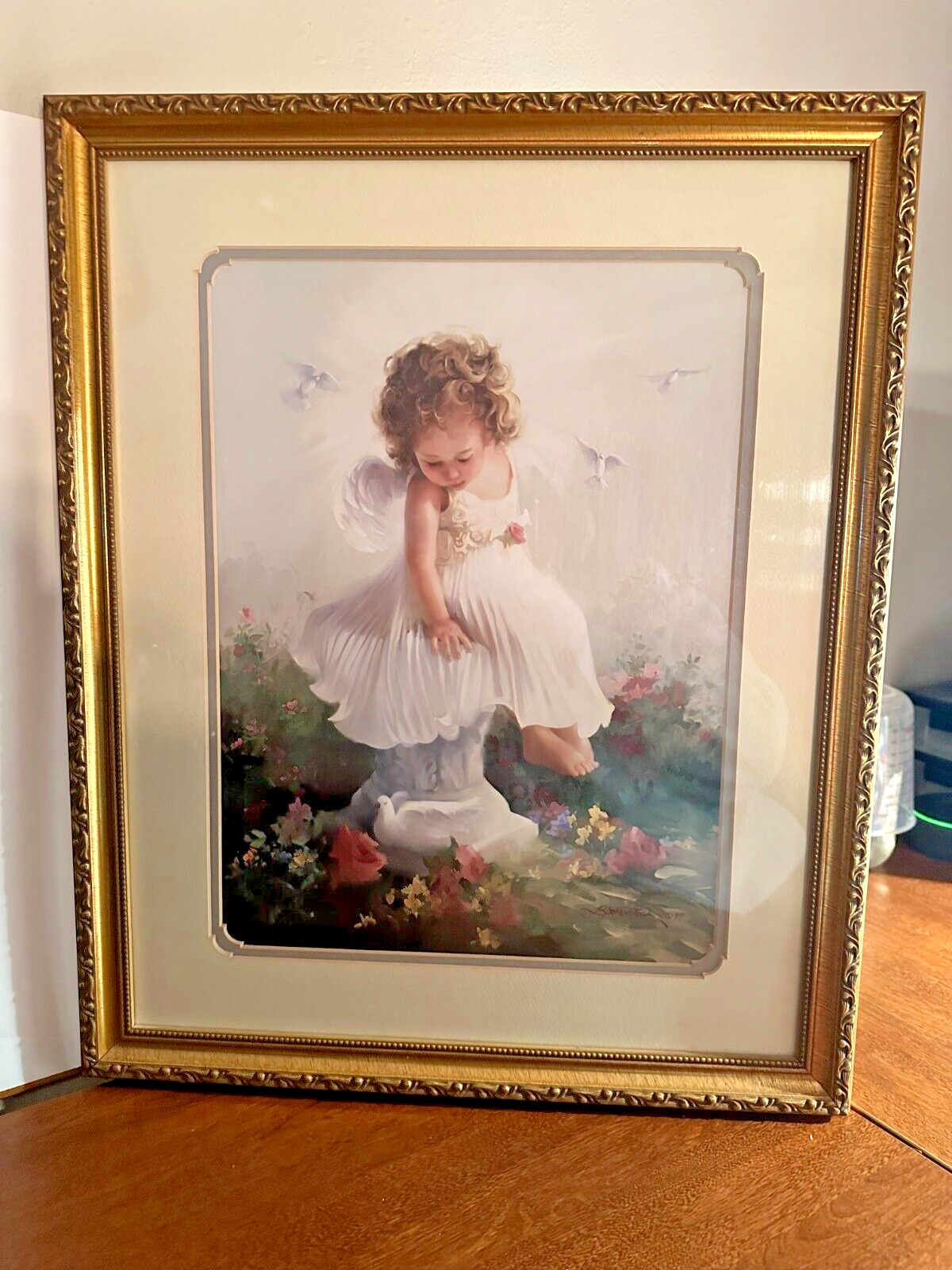 Home Interiors Little Girl Angel Framed Art Signed Birkenstock Homco Picture