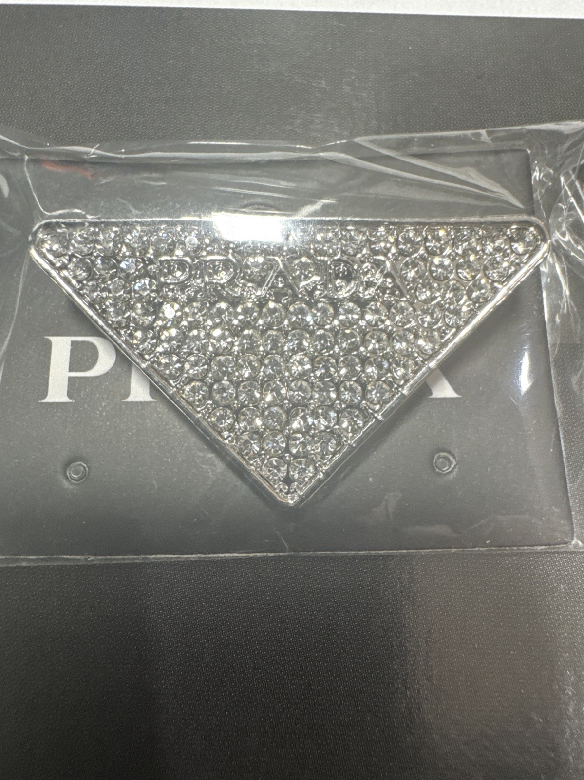 Prada Triangle Logo Brooch Pin Silver Tone Crystal Rhinestone Pavé Made in Italy