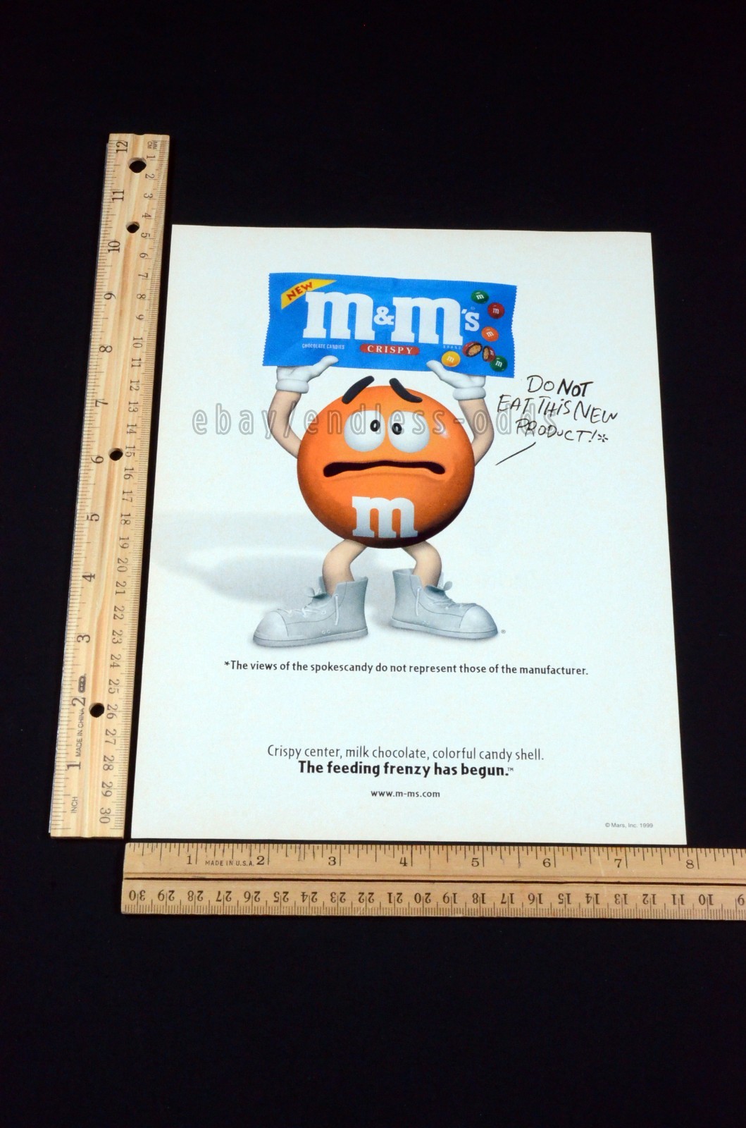 1999 M&M's Crispy Chocolate Candy Orange Magazine Page Print Ad Poster 90s 1990s