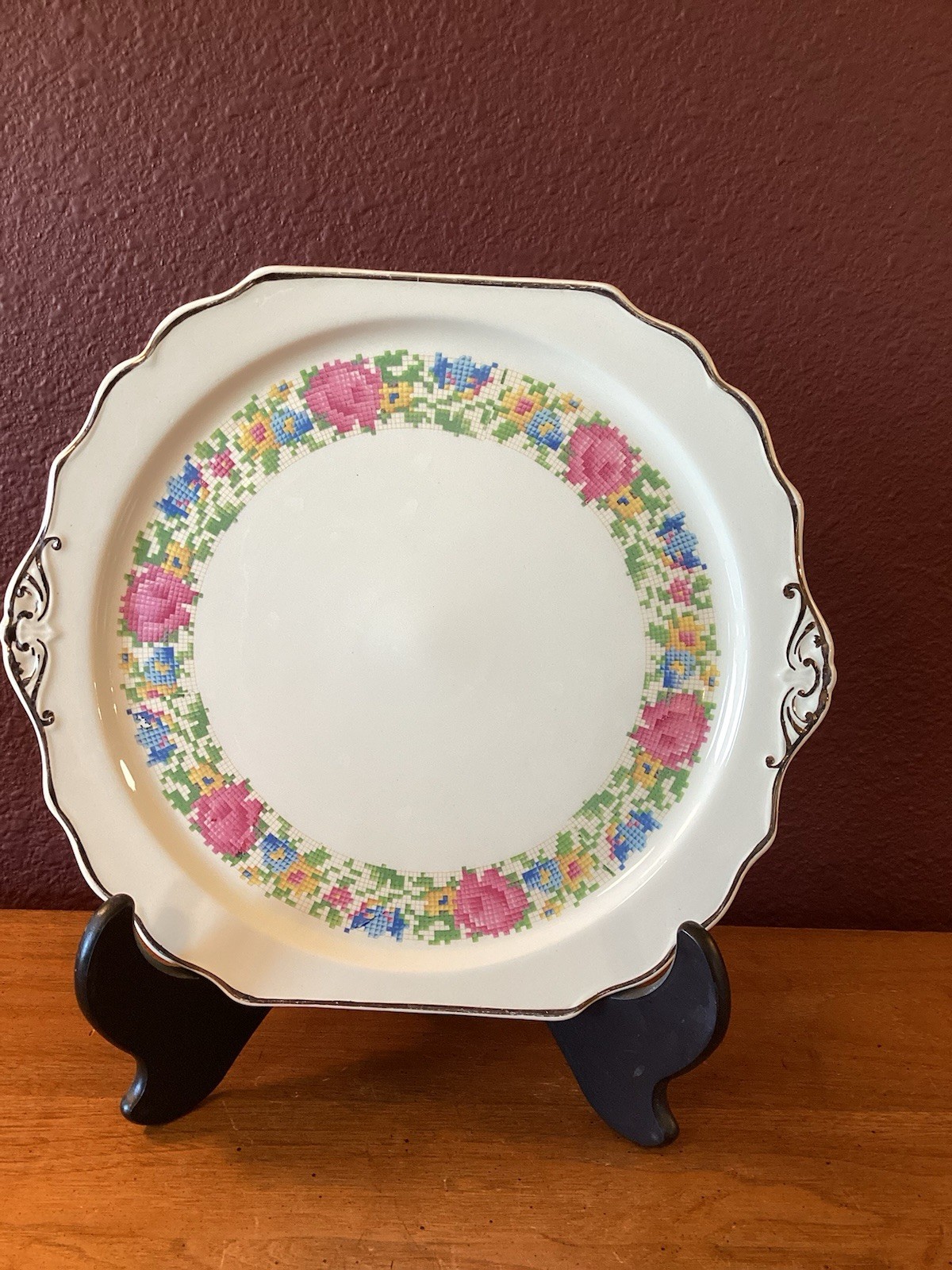 Vintage Barker Hot oven Petit Point Needlepoint Pattern Cake Plate With Handles