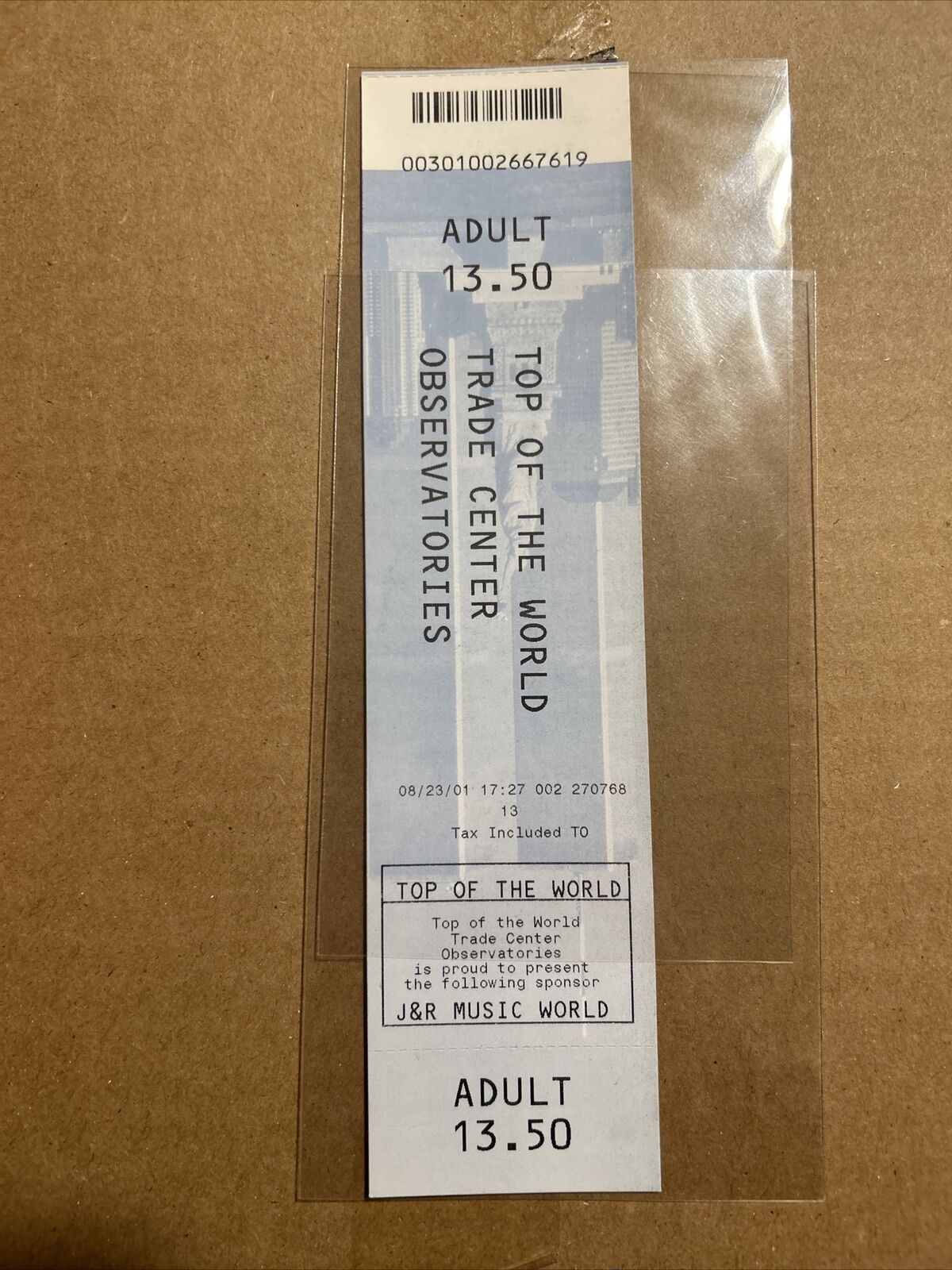2001 World Trade Center Ticket to the Observatory Deck 8/23/2001 Crisp Unused