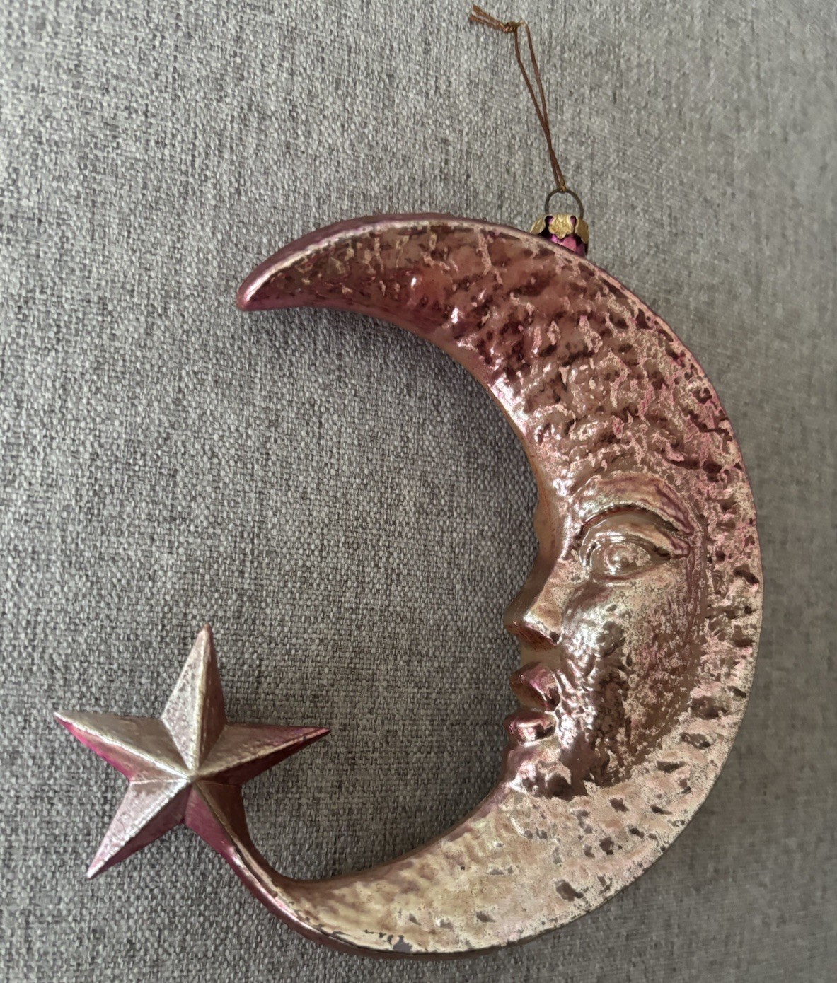 Vintage Anthropomorphic Chromium Crescent Moon Celestial Christmas Ornament