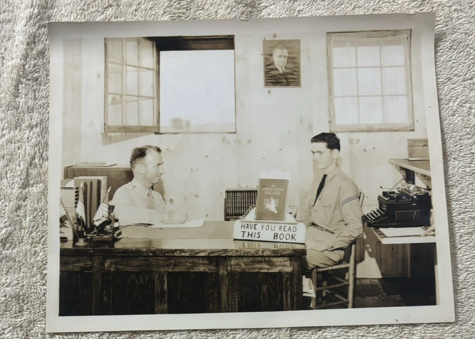Vtg 1930s 1940s Office Scene Photo Men Talking at Desk Typewriter Sign Snapshot