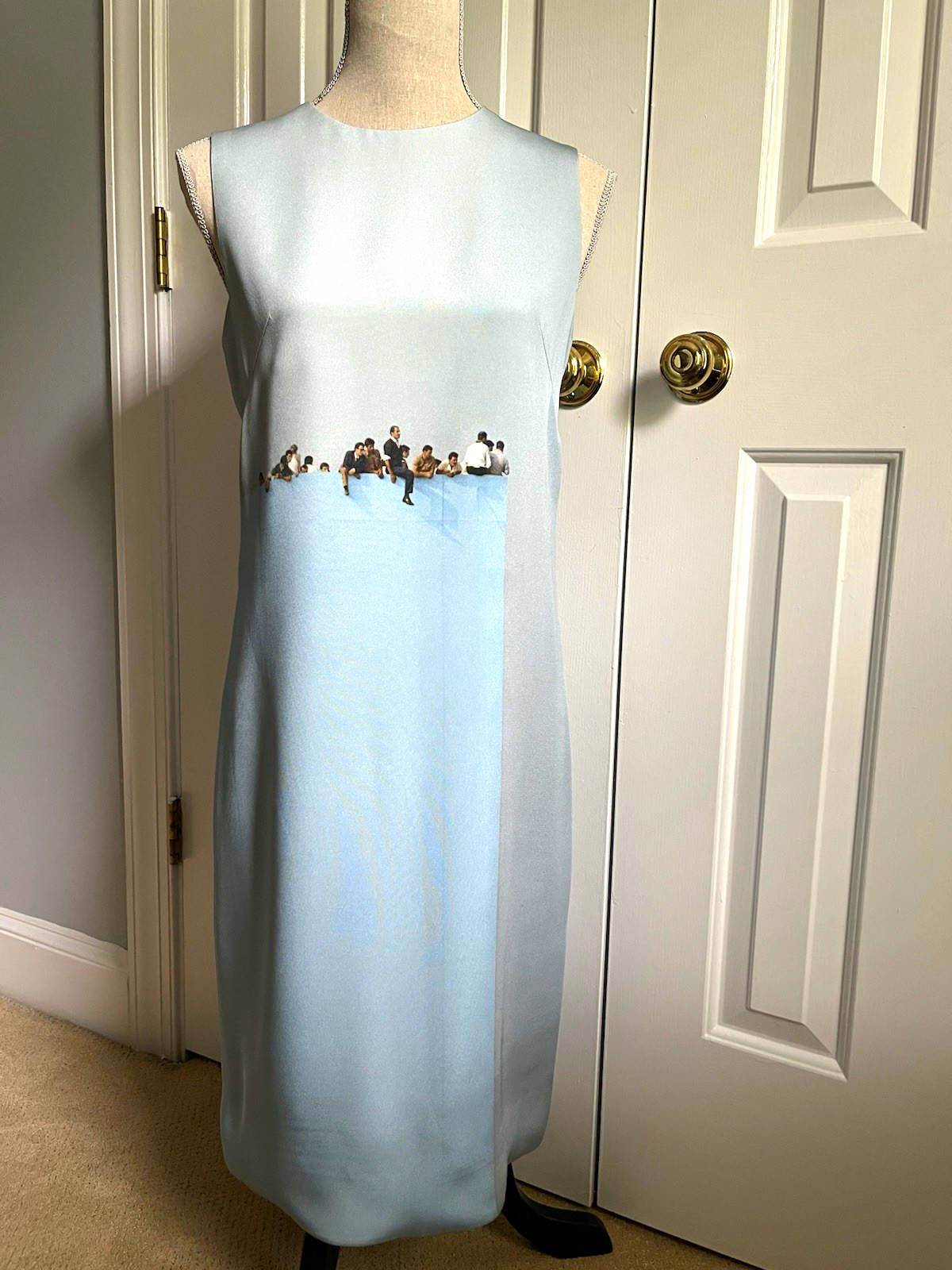 Akris Rare Graphic Print Detailed Light Blue Silk Shift Midi Dress Size 6