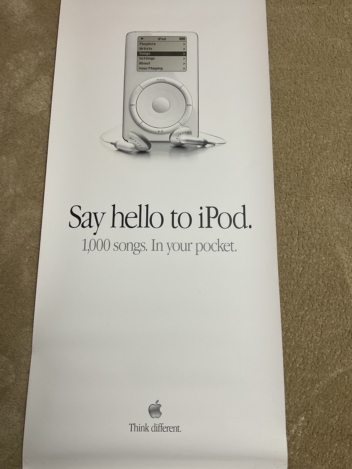 Vintage 2001 Apple Computer Original iPod Large Poster, 60”x24”, Think Different