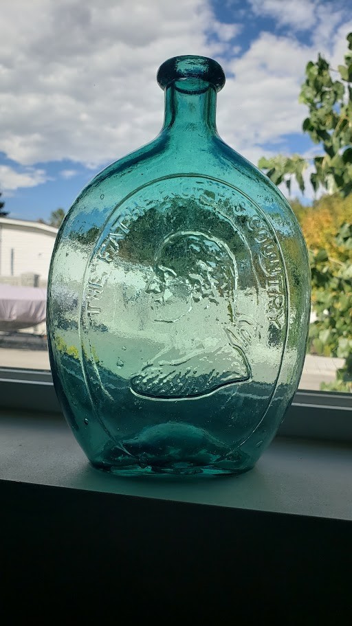Crude Portrait Father Of His Country Light Teal Green Flask Quart Sharp Pontil
