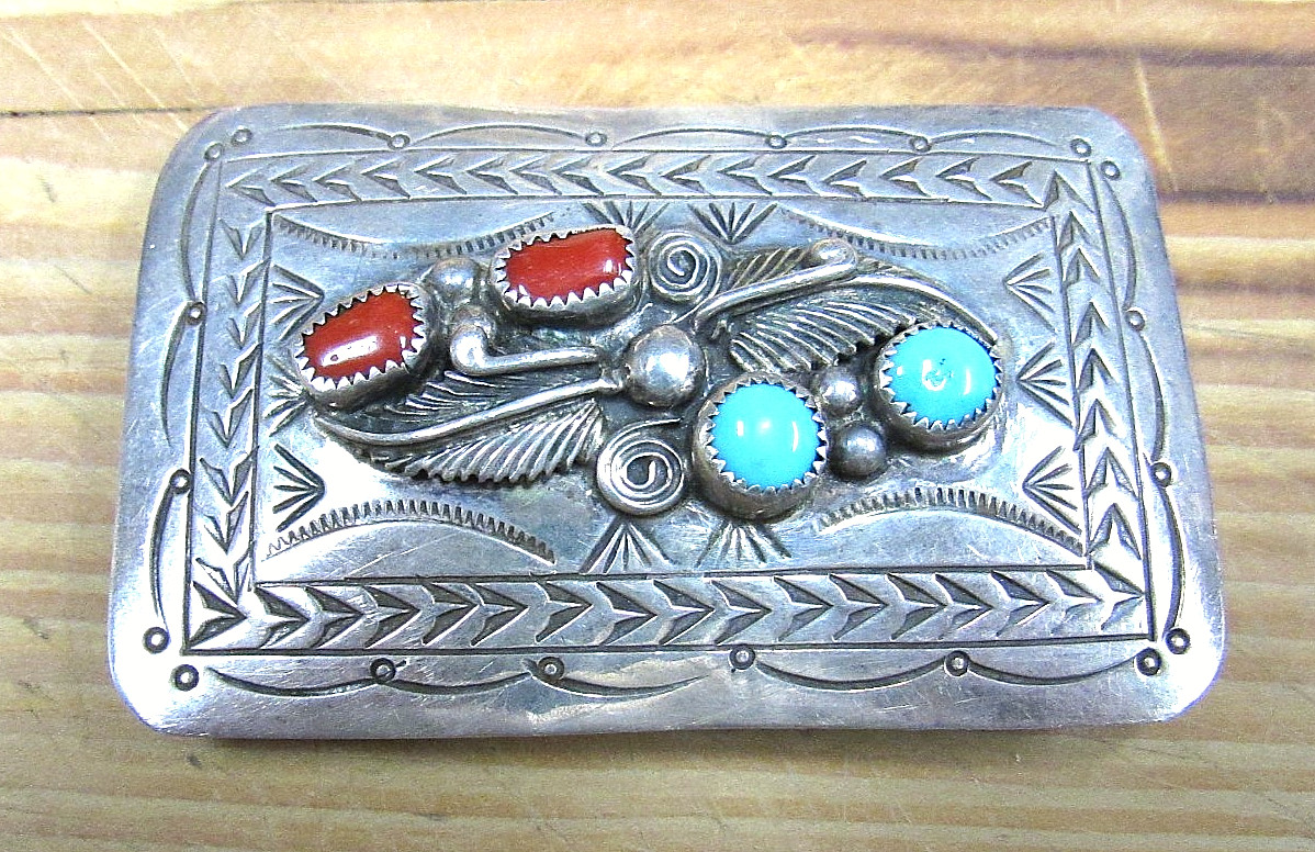 Vintage Sterling Silver Navajo Turquoise and Coral Belt Buckle