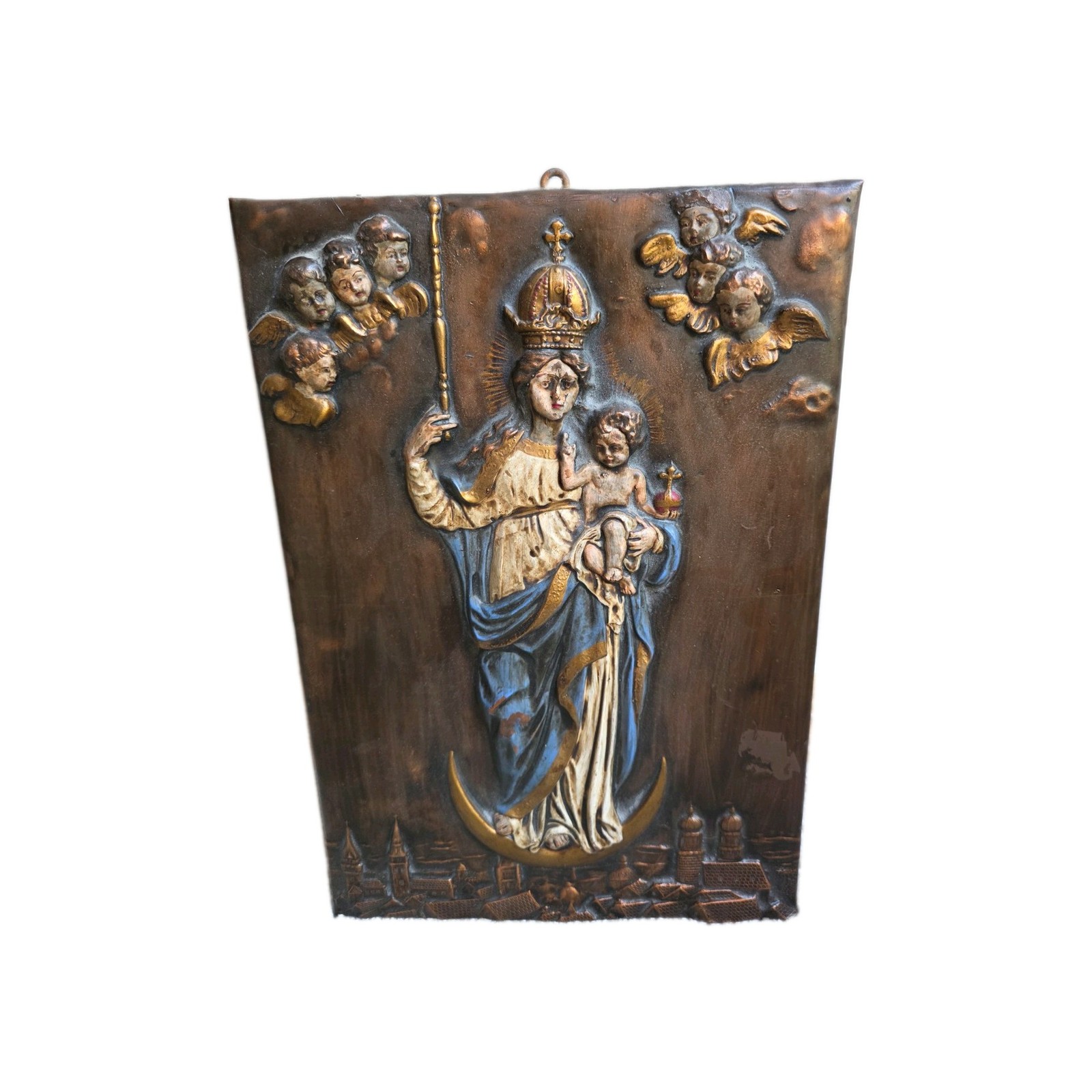 Antique Belgian copper bas relief our LAdy Ascension POLYCHROMED COPPER ICON.