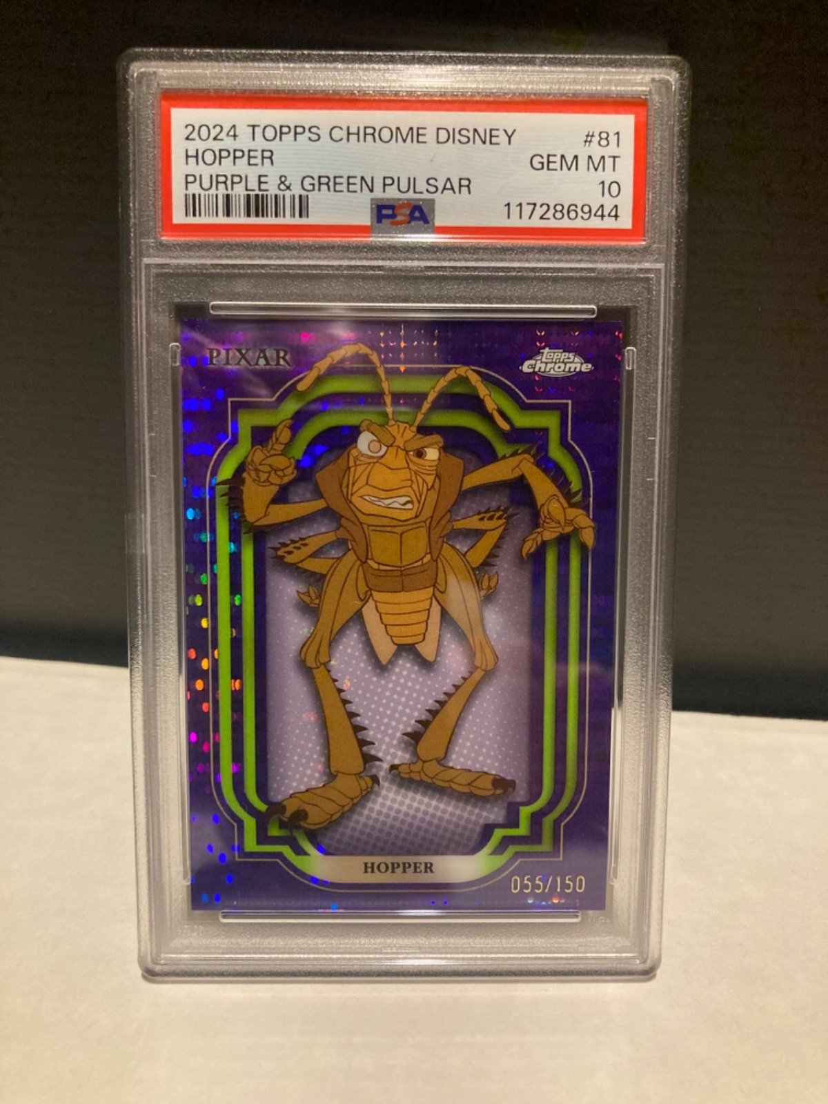 2024 TOPPS CHROME DISNEY #81 HOPPER PURPLE & GREEN PULSAR /150 PSA 10