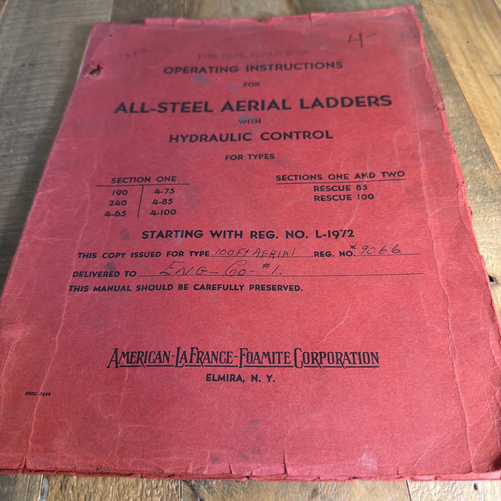 Vintage American LaFrance Fire Truck Aerial Ladder Hydraulic Control Manual Shop
