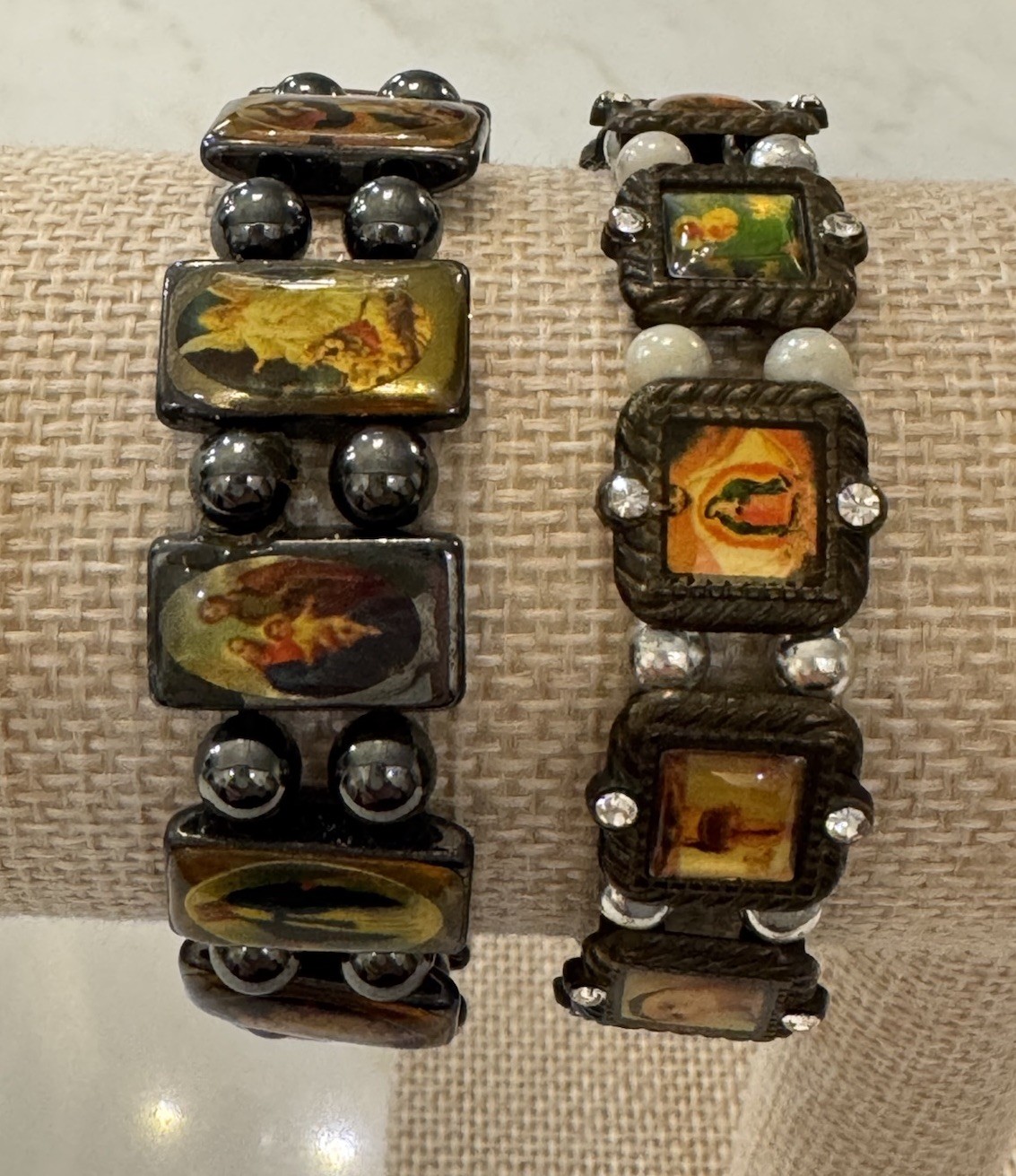 Vintage Saints Hematite Stretch Catholic Bracelets - Lot Of 2