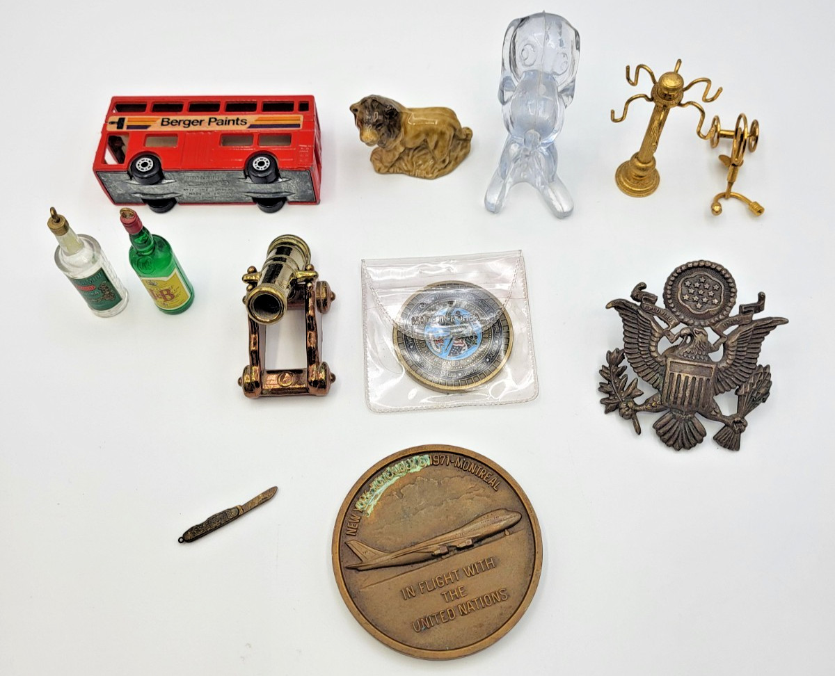 VTG. Grandpa's Desk/ Junk Drawer Lot Miniatures, Military, Medallion, Matchbox