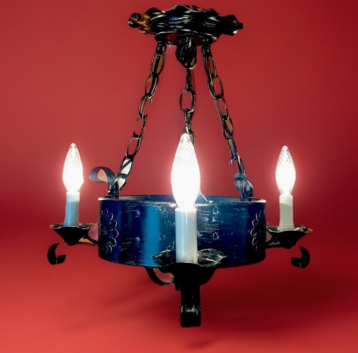 Vintage 1960's-70s Gothic Medieval Tudor Mission Black Chandelier Light Fixture
