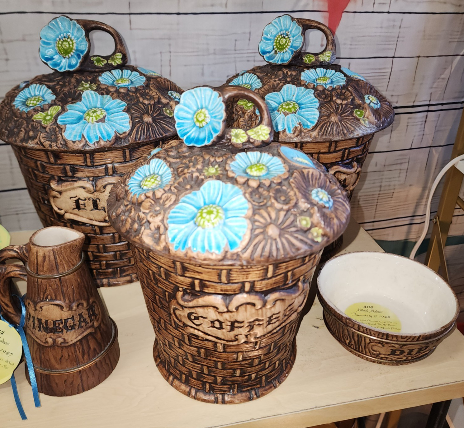 VTG 70s Treasure Craft Turquoise Blue Flower 12pc Canister Set Pitcher Dip Dish