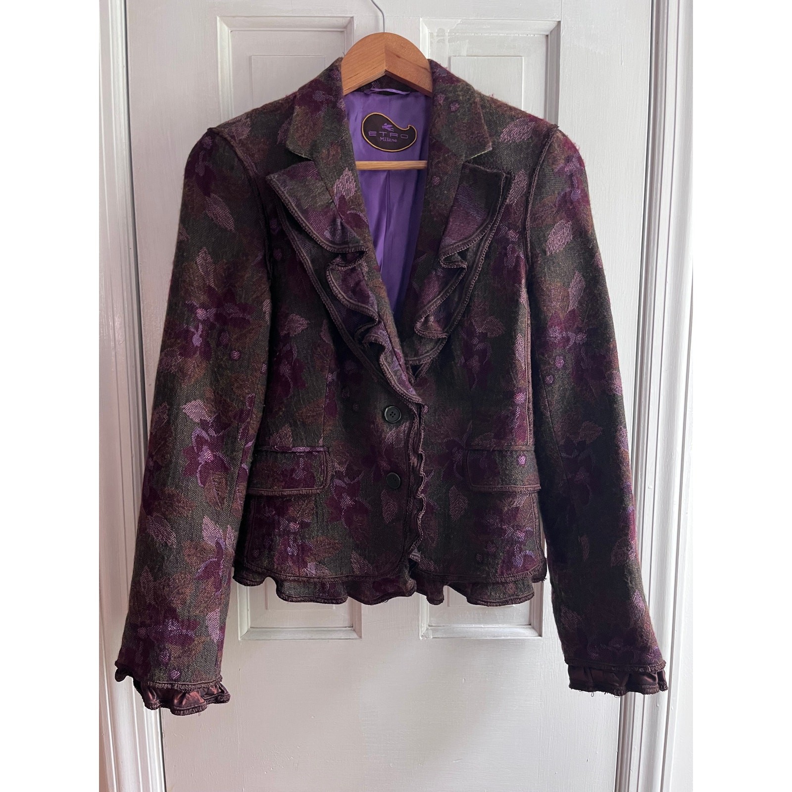 Etro Milano Wool Blend Floral Jacquard Ruffle Blazer Jacket IT 42 US 6