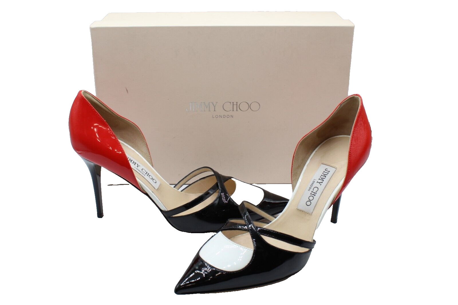 SI1028 Jimmy Choo Black Red White Patent Leather Lekker Pumps heels shoe sz 39