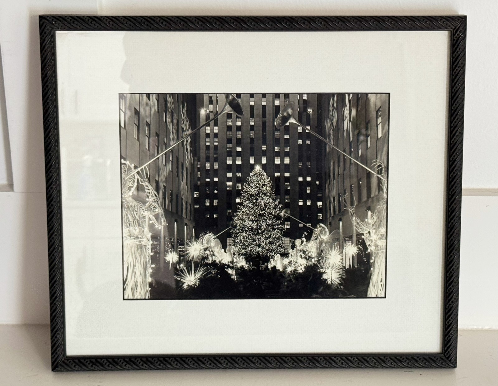 Vintage Signed Rockefeller Tree NYC Black White Photo Framed Christmas Art 14x12