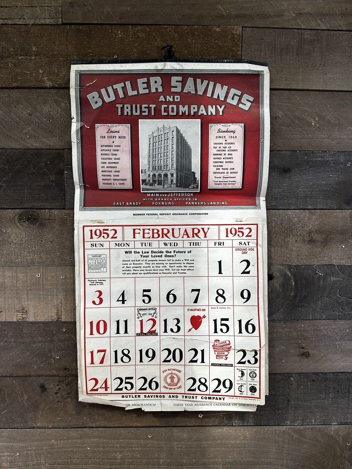 Vintage 1952 “Butler Savings & Trust Company” Calendar  Butler, PA